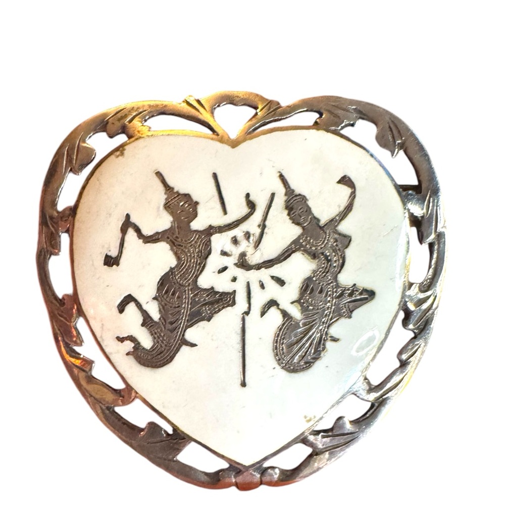 Vintage white enamel Heart-Shaped Brooch w Dancing goddess sterling silver 925